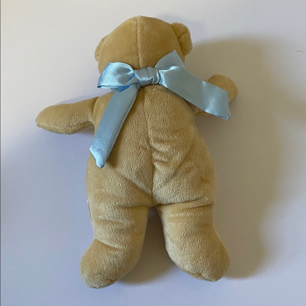 8” Tan Teddy Bear Blue Ribbon Rattle Sound - Picture 2 of 3